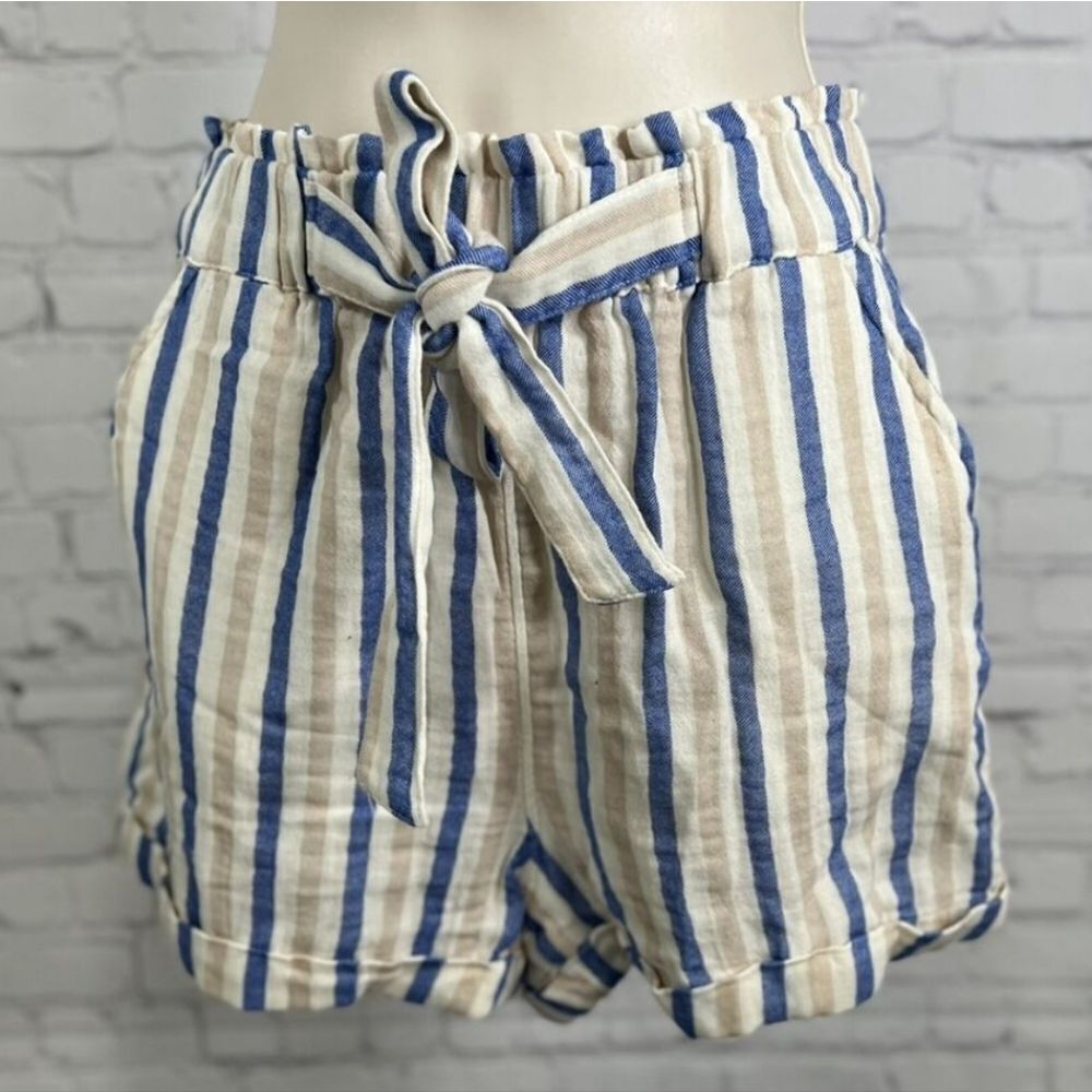 So Goods For Life Women's High Rise Soft Shorts Blue Tan Striped Size XL